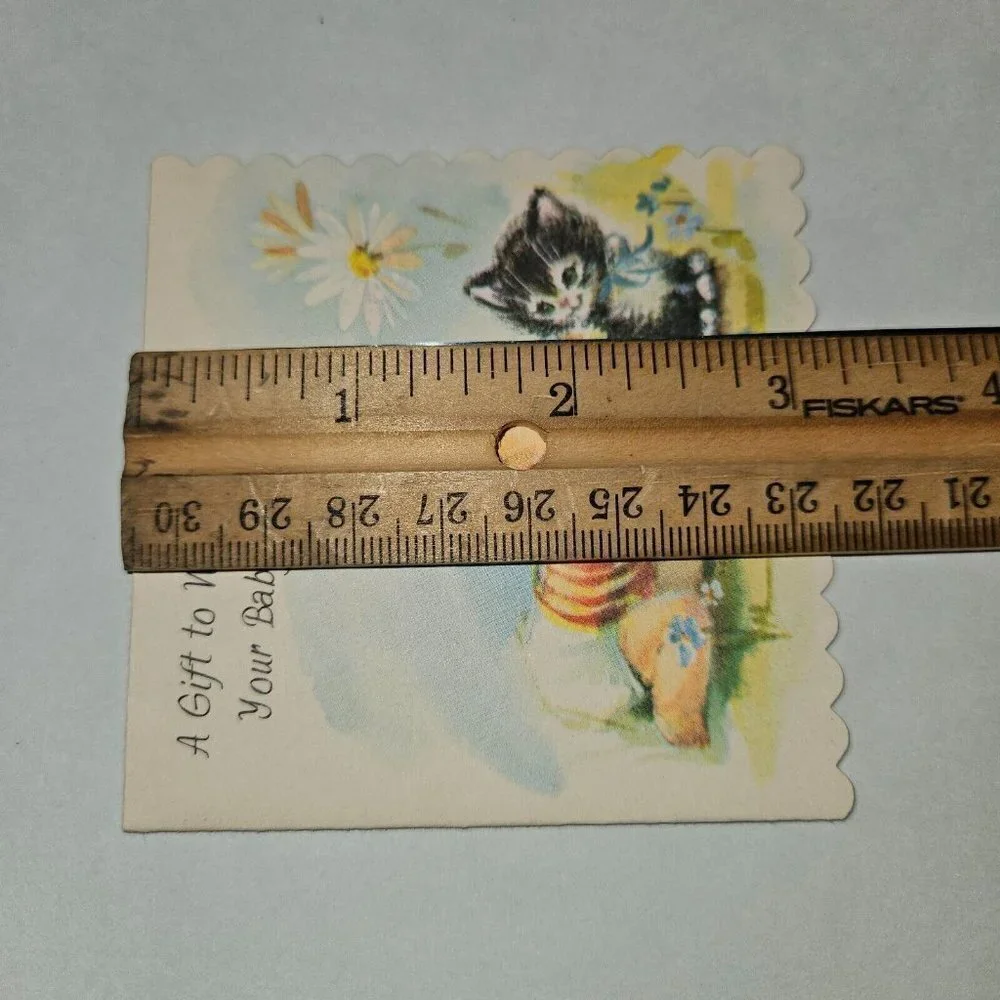 VTG New Baby Boy Greeting Card Welcome Gift Kitten Cat Scalloped 3x3 NEVER USED